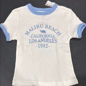 White and Blue Short Sleeve Tee with Malibu Beach Graphic